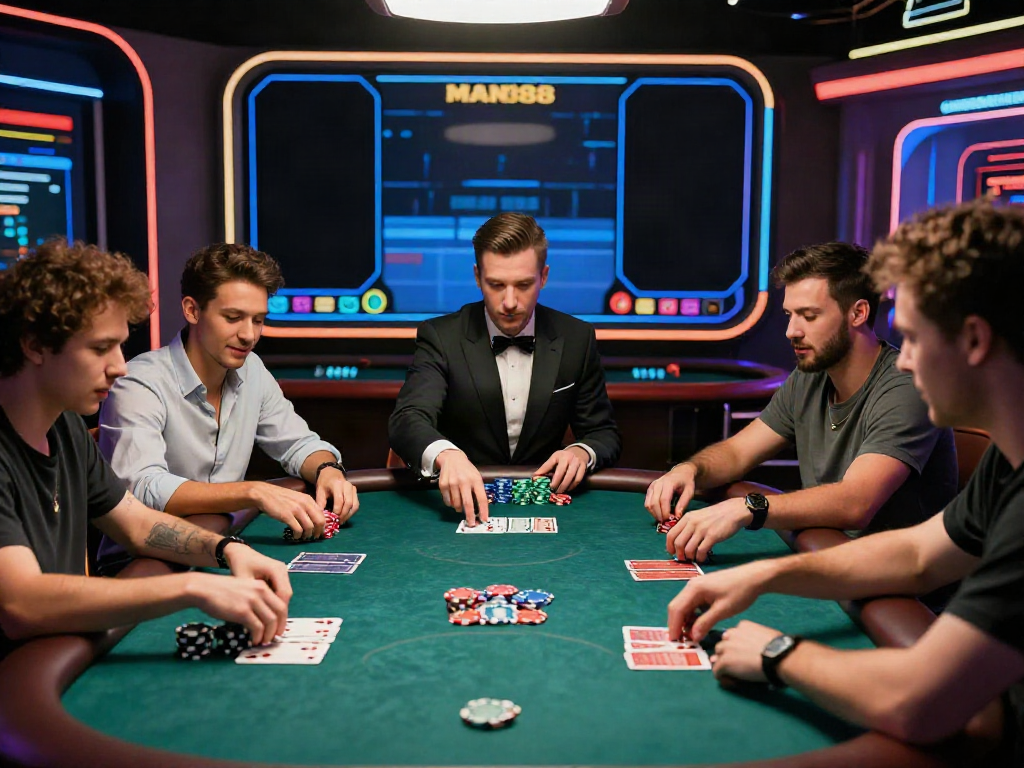 Engaging online betting action at MAN88's virtual casino featuring diverse players at the poker table.