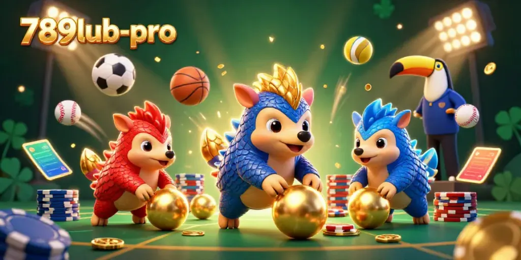 789lub-pro gambling scene with rival pangolins bowling through poker chips, dynamic sports elements.