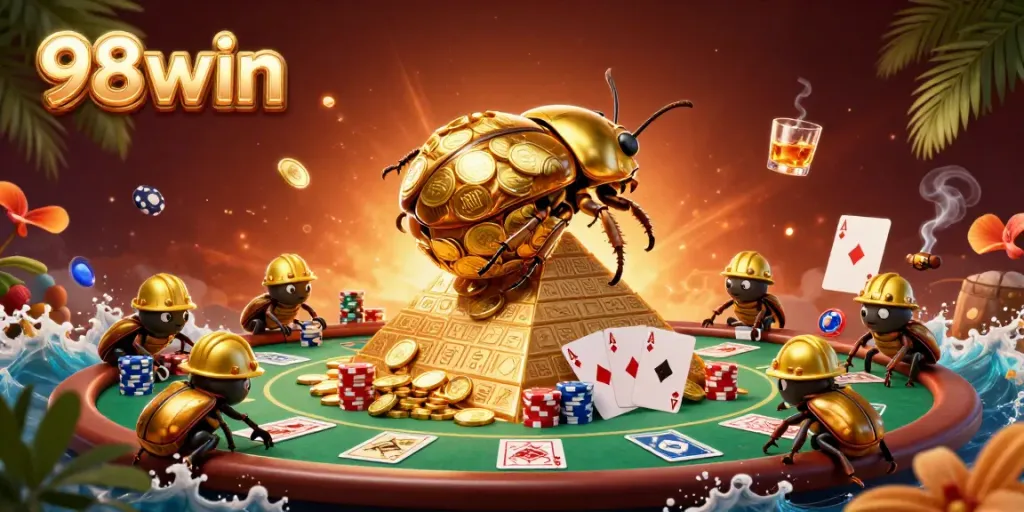 Experience exciting gameplay and vibrant wins at 98win as golden dung beetles symbolize fortune in a rich casino atmosphere.