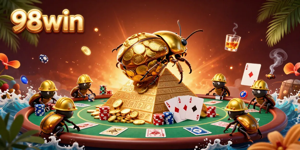 Experience exciting gameplay and vibrant wins at 98win as golden dung beetles symbolize fortune in a rich casino atmosphere.