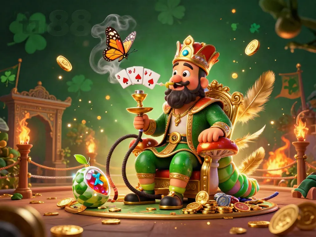 Experience ta88's luxurious gambling ambiance featuring a regal caterpillar hookah-master surrounded by gold coins and poker symbols.
