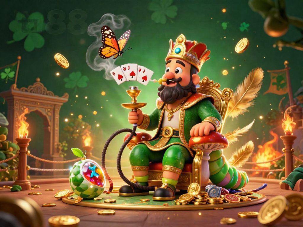 Experience ta88's luxurious gambling ambiance featuring a regal caterpillar hookah-master surrounded by gold coins and poker symbols.