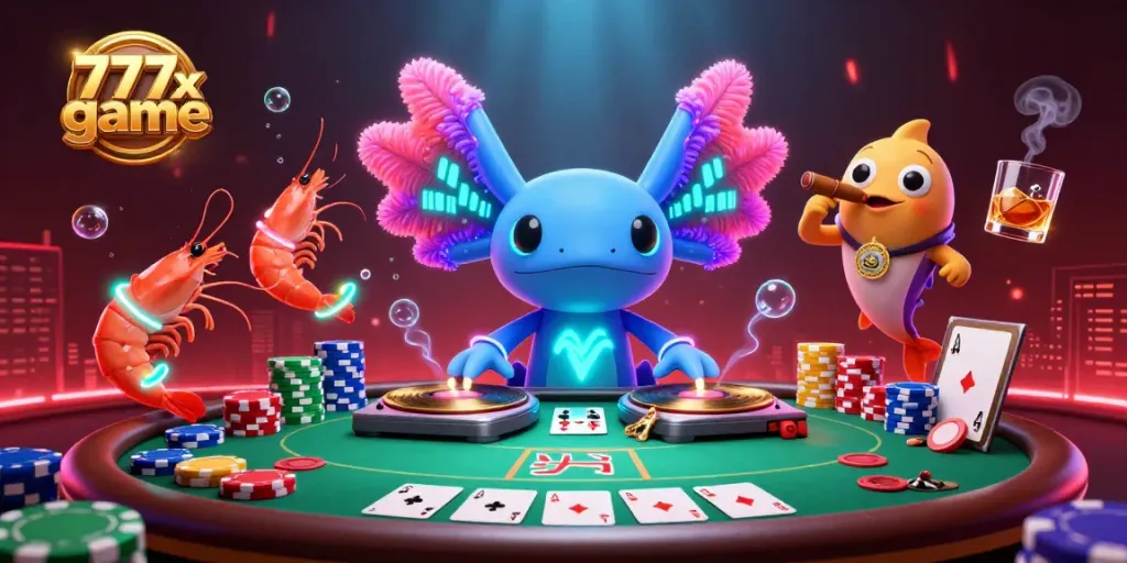 Engage with the vibrant 777x game showcasing lively characters in a dynamic poker scene filled with colorful elements.