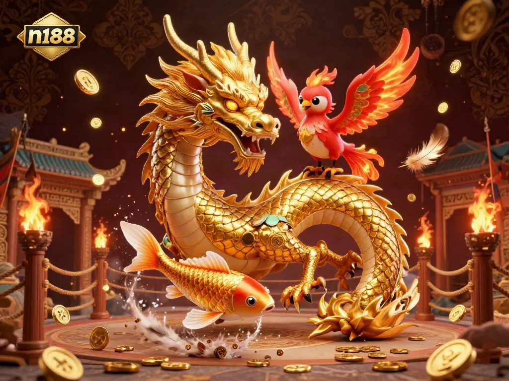 Engage with n188's thrilling 3D casino experience featuring a majestic dragon and lucky koi fish.