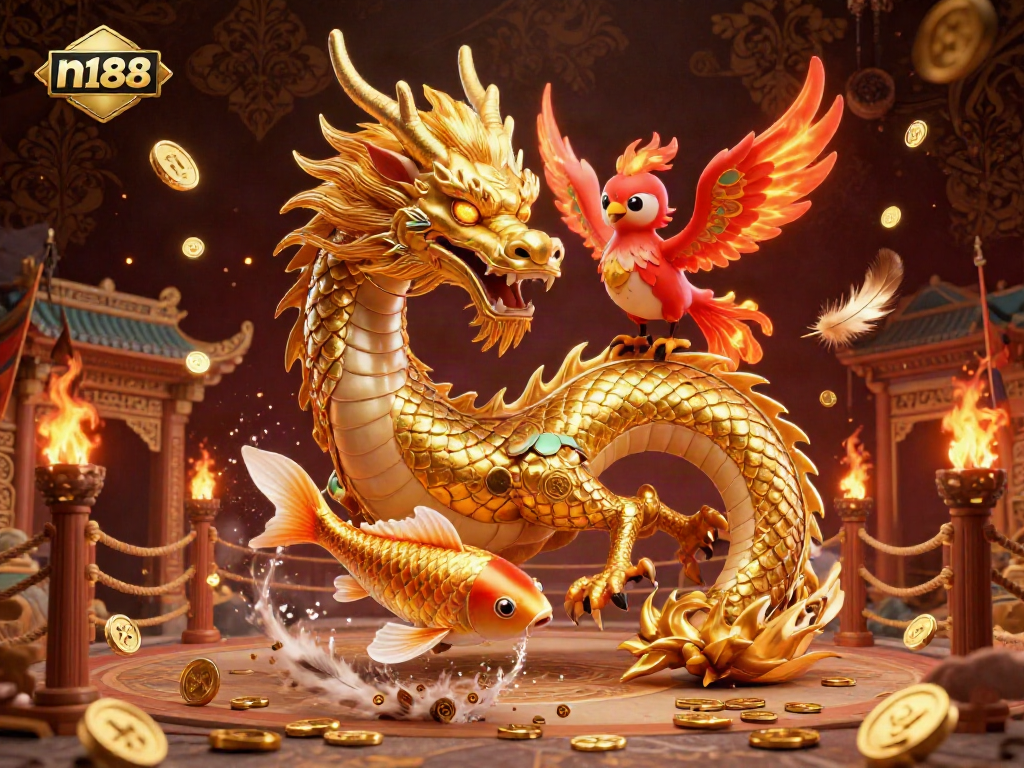 Engage with n188's thrilling 3D casino experience featuring a majestic dragon and lucky koi fish.