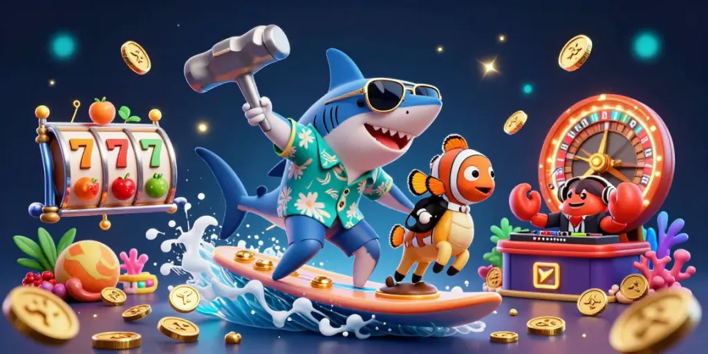 Join the excitement at SHBET with a vibrant 3D illustration featuring a shark surfing on gold coins amidst lively casino elements.
