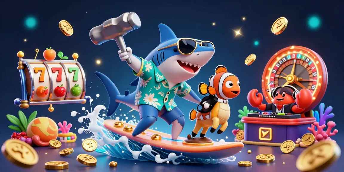 Join the excitement at SHBET with a vibrant 3D illustration featuring a shark surfing on gold coins amidst lively casino elements.