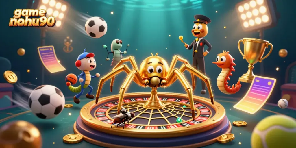 Engage in thrilling betting action with game nohu90, featuring a golden spider spinning a roulette web.