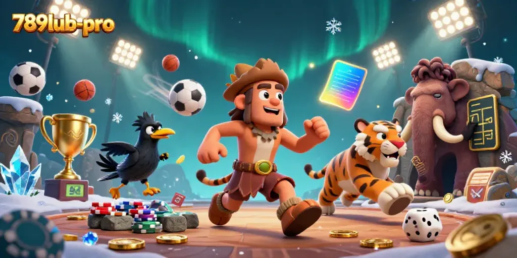Engaging scene showcasing 789lub-pro with a cartoon caveman and sabertooth tiger in a prehistoric casino.