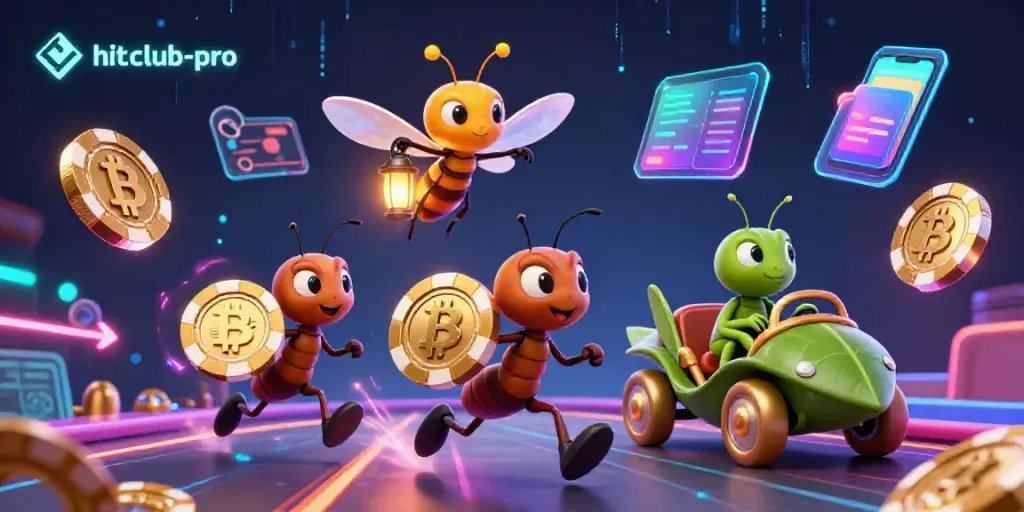 Hitclub-pro showcases ants in a casino heist, celebrating with golden poker chips and crypto elements.