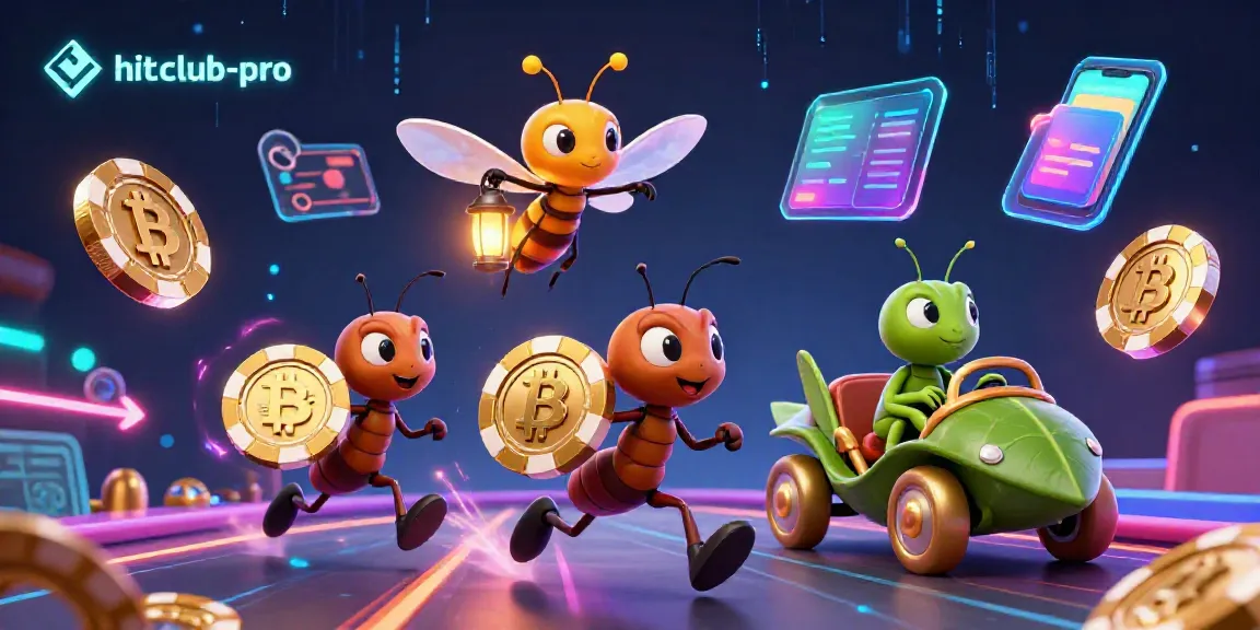 Hitclub-pro showcases ants in a casino heist, celebrating with golden poker chips and crypto elements.