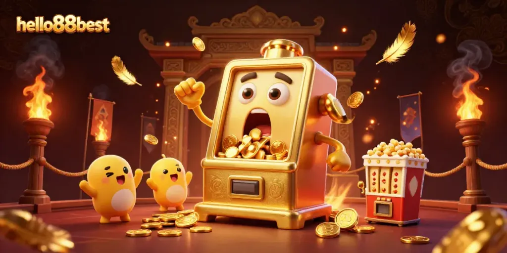 hello88best celebrates a jackpot win with a lively scene of cheering slot machines and golden coins