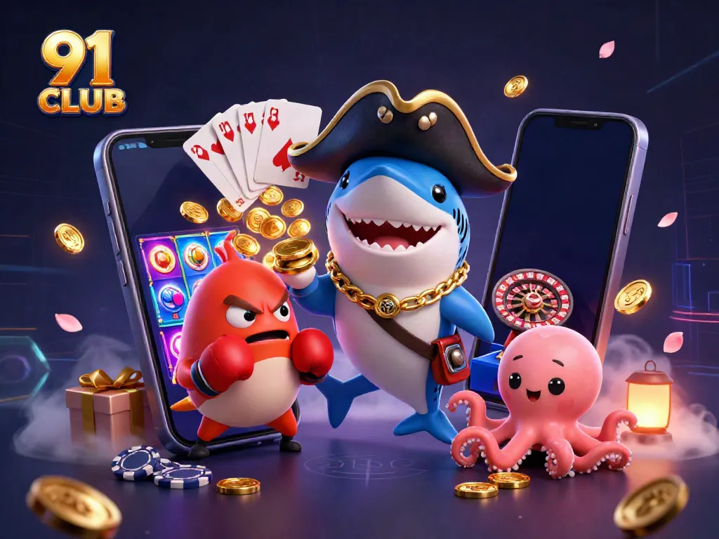 Experience the excitement of 91 CLUB with a cartoon pirate shark, pufferfish, and octopus celebrating wins in a vibrant casino environment.