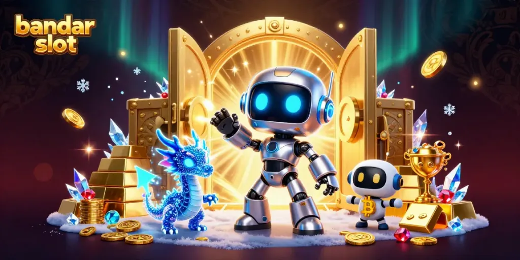 Permainan bandar slot dengan robot futuristik dan harta karun penuh perhiasan dan emas.