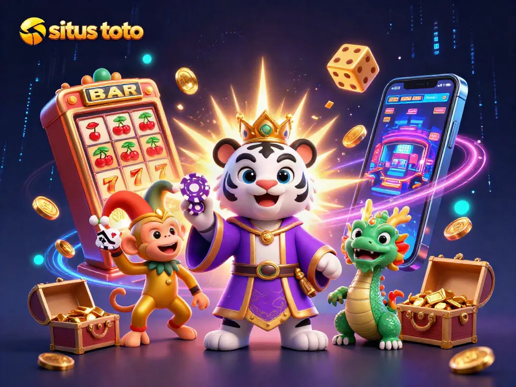 Experience situs toto excitement with a vibrant 3D casino scene featuring lively characters and dynamic gaming elements.