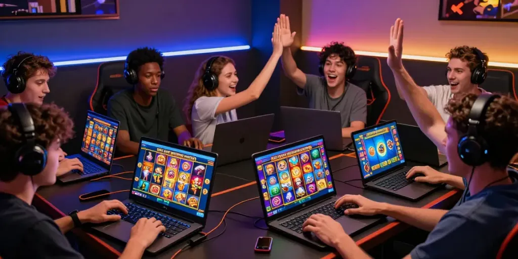 Players enjoying slot gacor gampang menang games in a vibrant gaming setup.