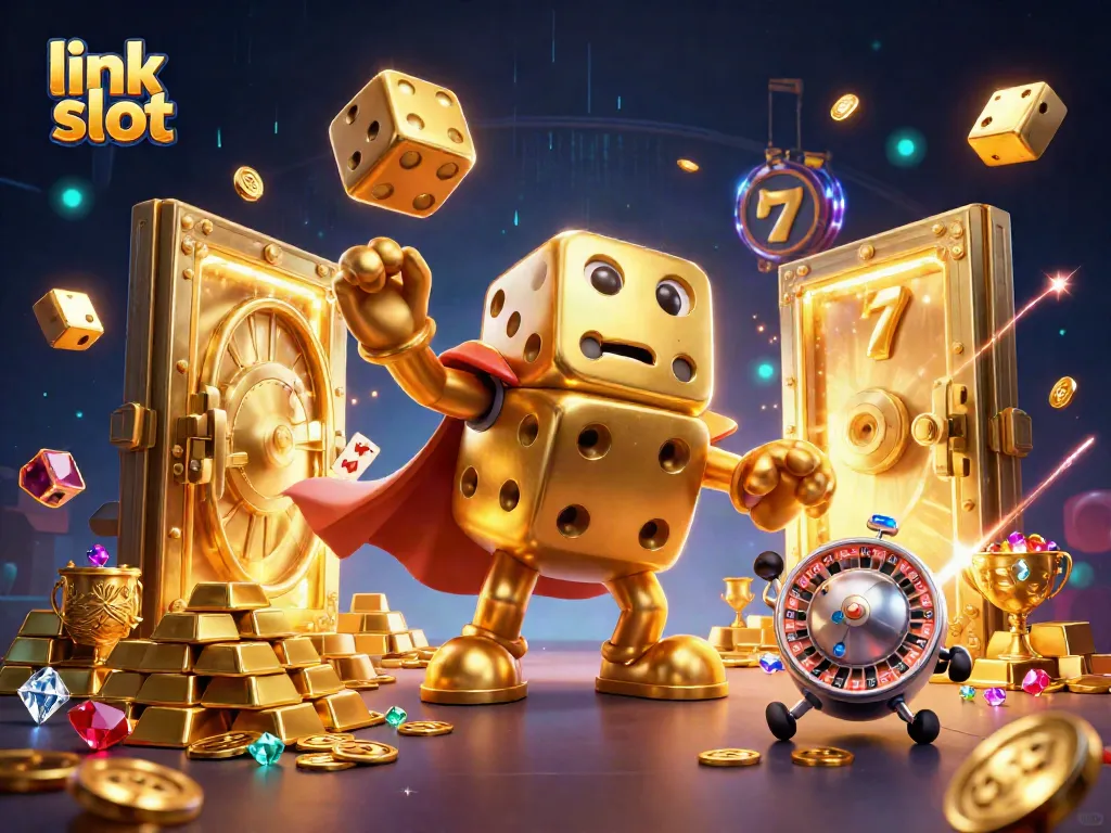 Engage with the link slot concept through vibrant, golden casino visuals featuring dynamic dice and treasure elements.