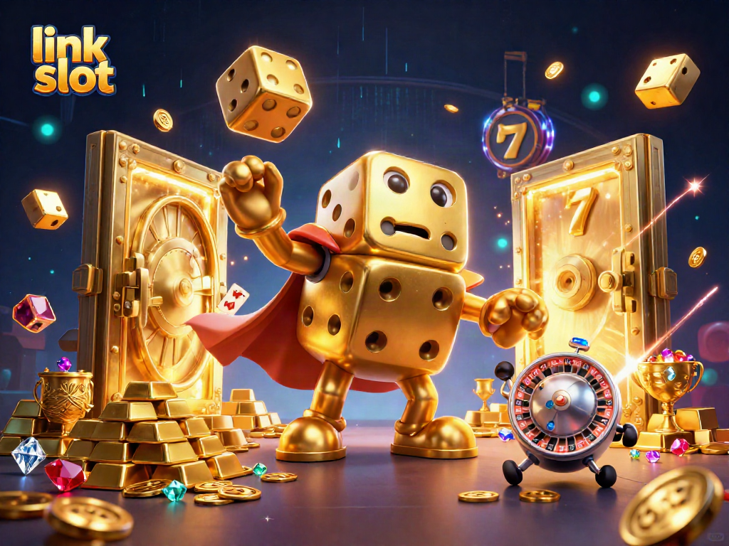 Engage with the link slot concept through vibrant, golden casino visuals featuring dynamic dice and treasure elements.
