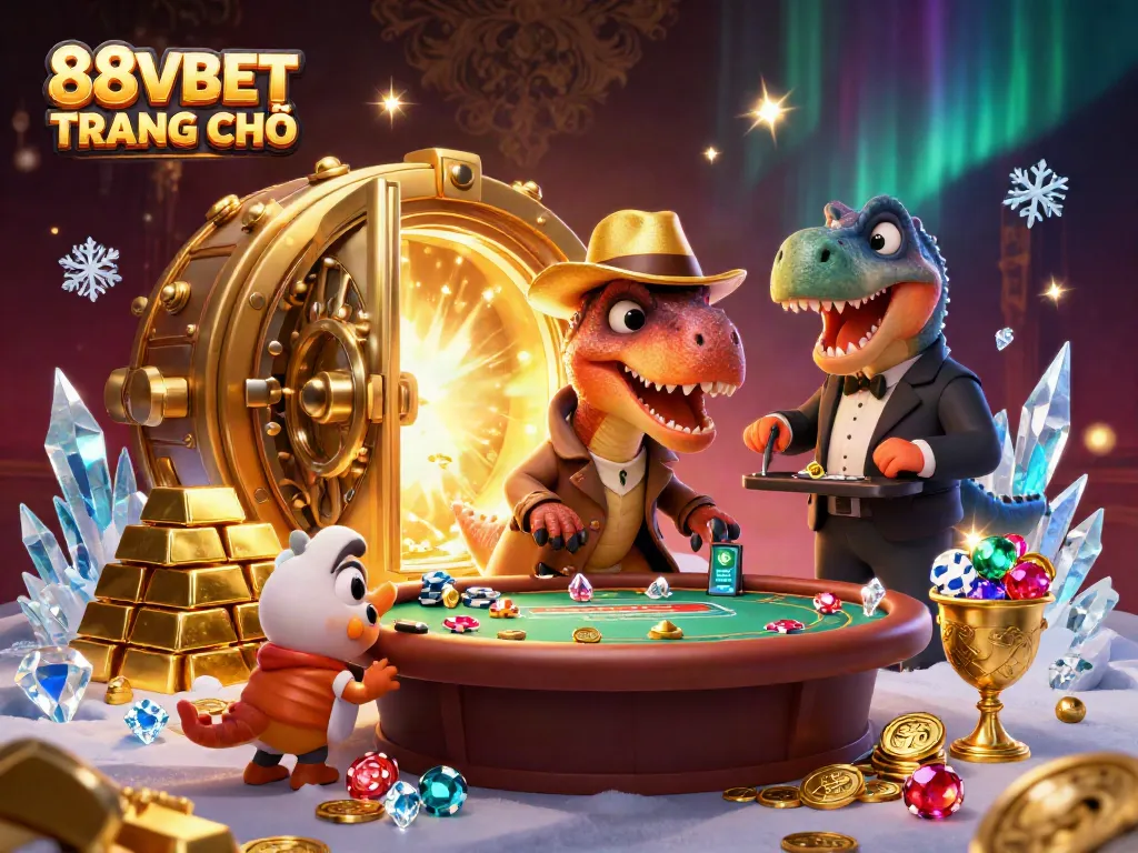 88VBET TRANG CHỦ showcases a card-counting velociraptor, casino elements, and vibrant gems in a bustling atmosphere.