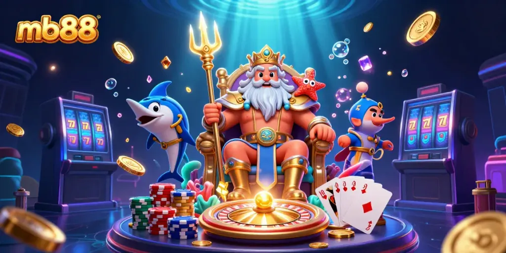 Experience thrilling gameplay with mb88 as Neptune and his allies celebrate in this vibrant casino world.