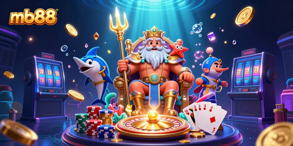 Experience thrilling gameplay with mb88 as Neptune and his allies celebrate in this vibrant casino world.