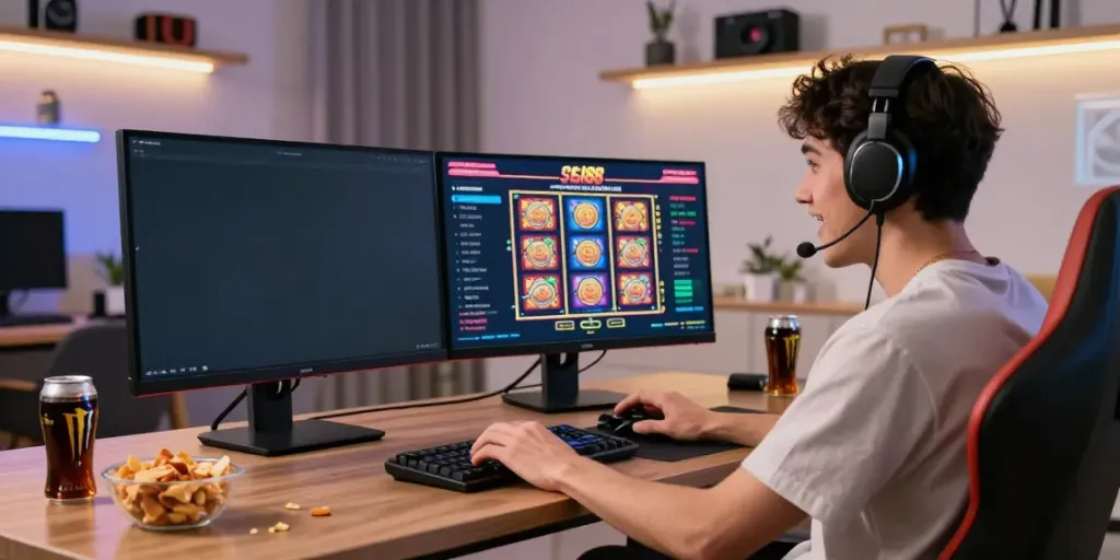 Enthusiastic player enjoying slot88 games on a dual-monitor setup with a cozy gaming atmosphere.