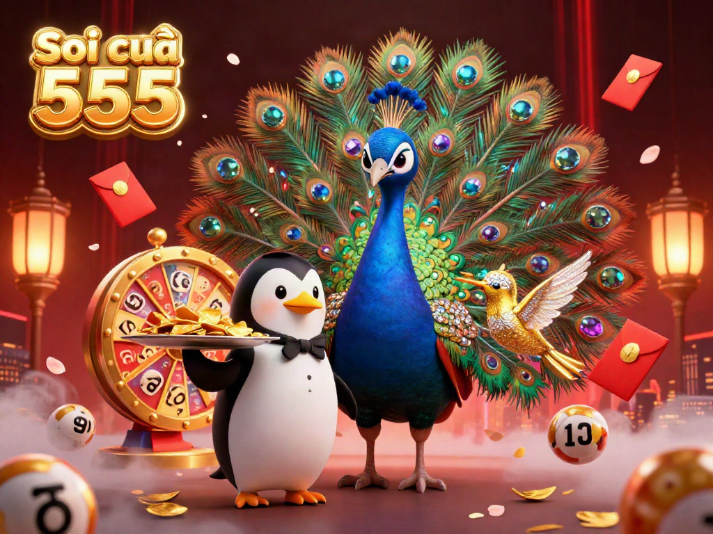 Soi cầu 555 features a vibrant lottery scene with a peacock, penguin, and hummingbird among floating balls and festive elements.