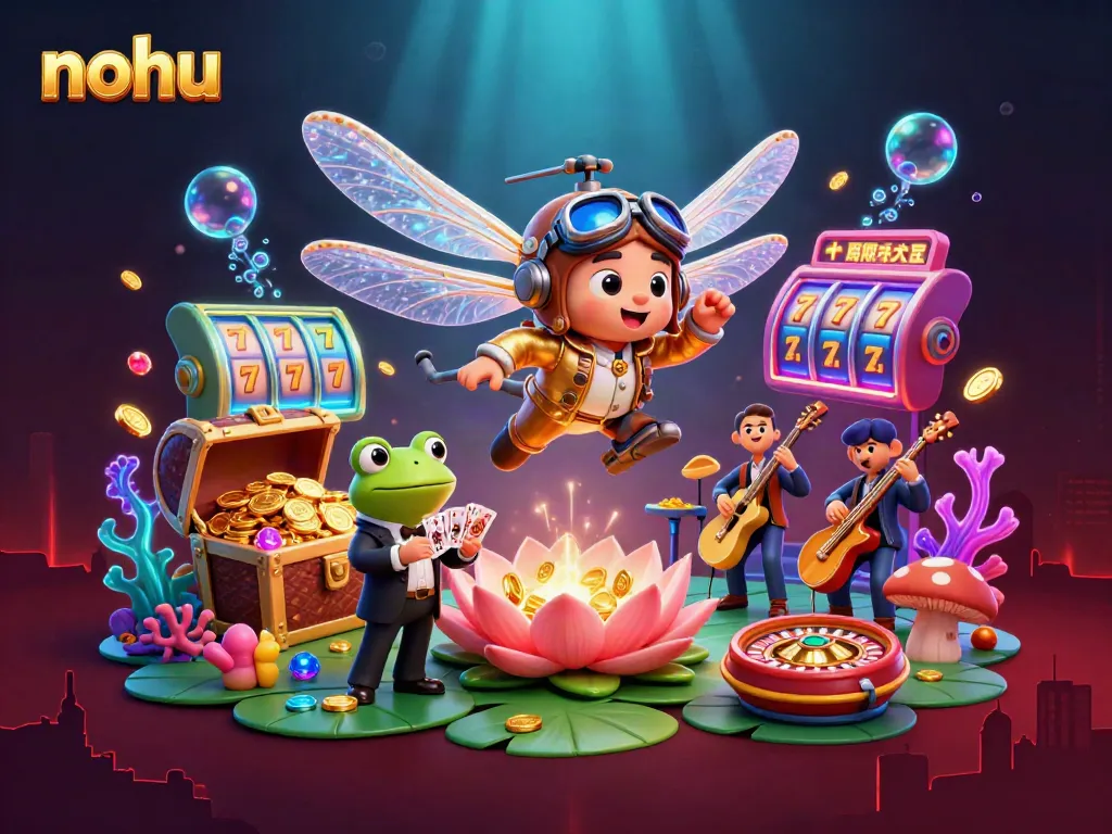 Nohu jackpot excitement with a dragonfly pilot, frog dealer, and colorful slot reels.
