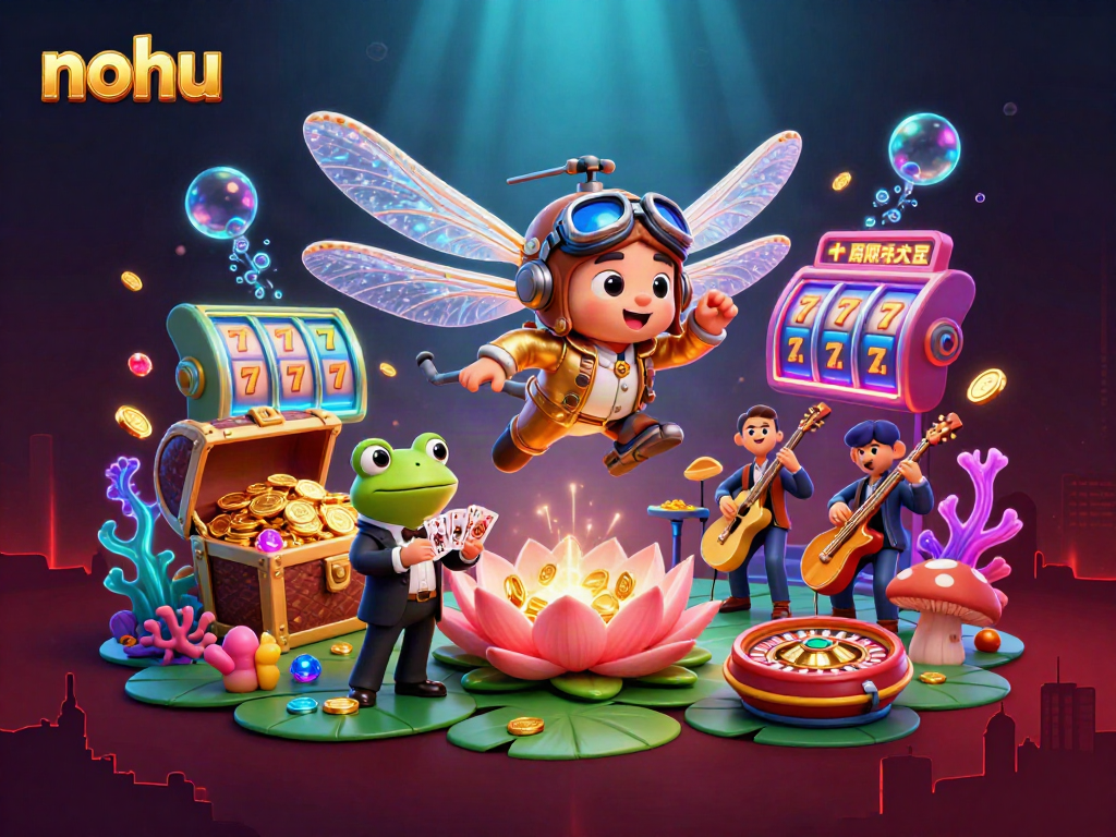 Nohu jackpot excitement with a dragonfly pilot, frog dealer, and colorful slot reels.