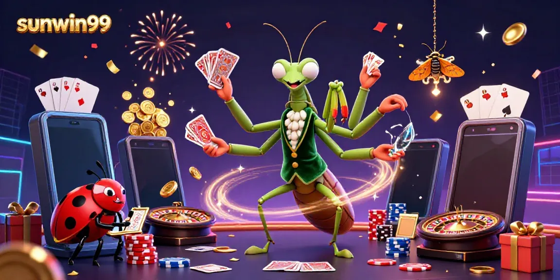 Experience excitement with sunwin99 in a colorful 3D casino illustration full of vibrant gaming elements.