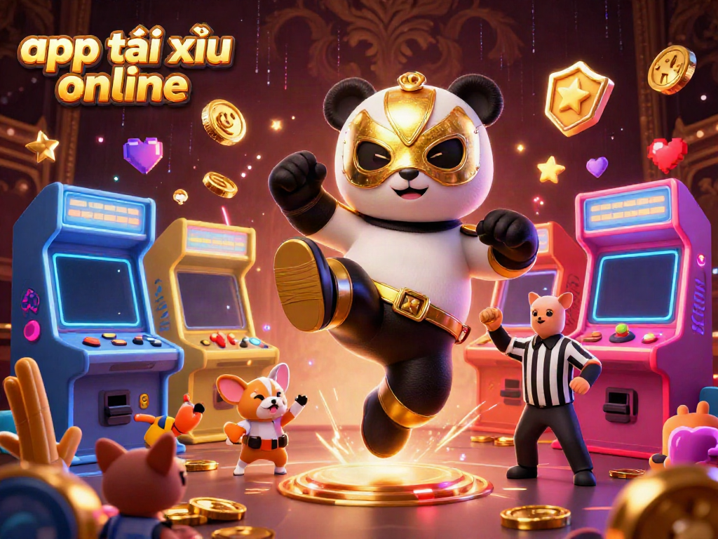 Action-packed scene featuring panda wrestler in a kick stance and chihuahua referee at a vibrant arcade, highlighting app tài xỉu online.