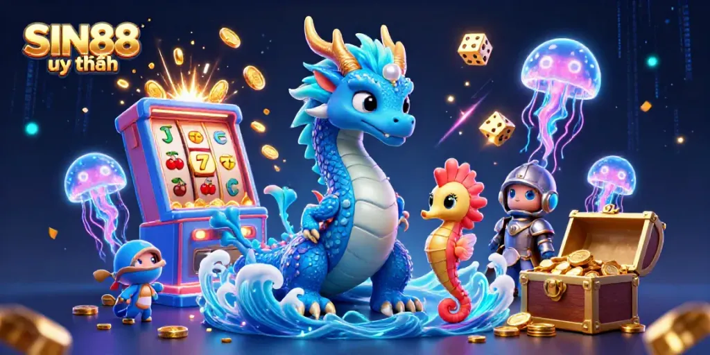 Experience the thrill of SIN88 uy tín with a vibrant 3D illustration of online casino excitement and adventure.