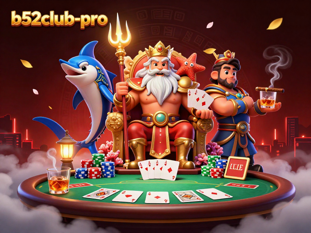 Engage with b52club-pro at this vibrant online casino illustration featuring poker elements and a mystical scene.