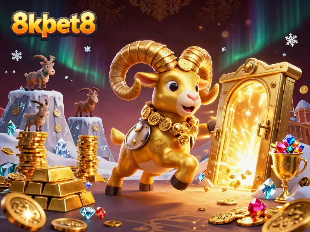 Experience thrilling adventures with 8xbet8 as the golden ram charges through a treasure-filled scene.