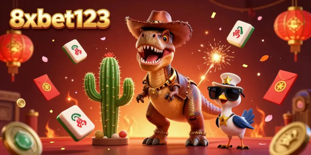 Engage in thrilling casino adventures with 8xbet123 featuring a cowboy dinosaur and vibrant game elements.
