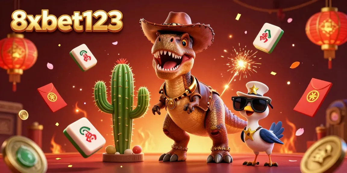 Engage in thrilling casino adventures with 8xbet123 featuring a cowboy dinosaur and vibrant game elements.