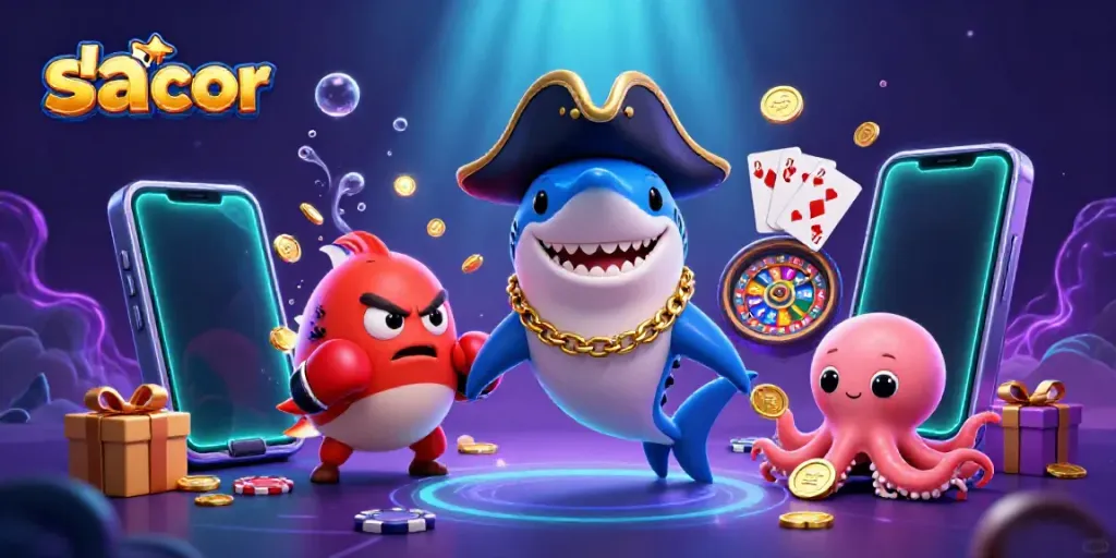 Ilustrasi menarik slot gacor dengan hiu kartun, ikan pufer, dan gurita membawa koin di bawah sinar cahaya menawan.