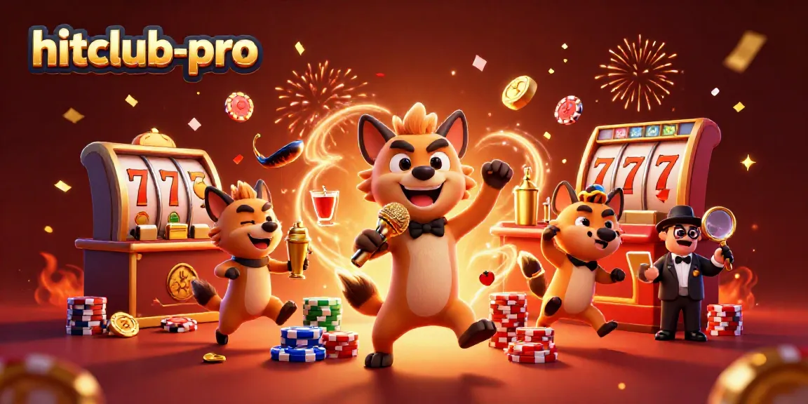 hitclub-pro captures the lively spirit of a comedic casino with hyenas interacting with slot machines and colorful chips.