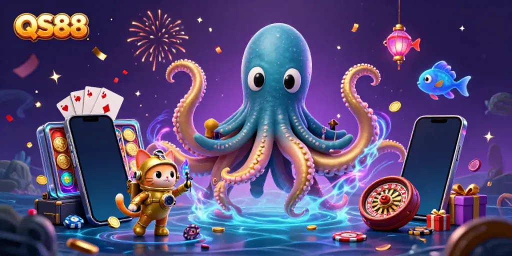 Engage with thrilling slot adventures in a vibrant QS88 casino atmosphere featuring a kraken and diving cat.