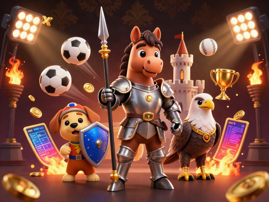 Experience the excitement of XX8 with a dynamic knight and puppy amid sports betting elements.