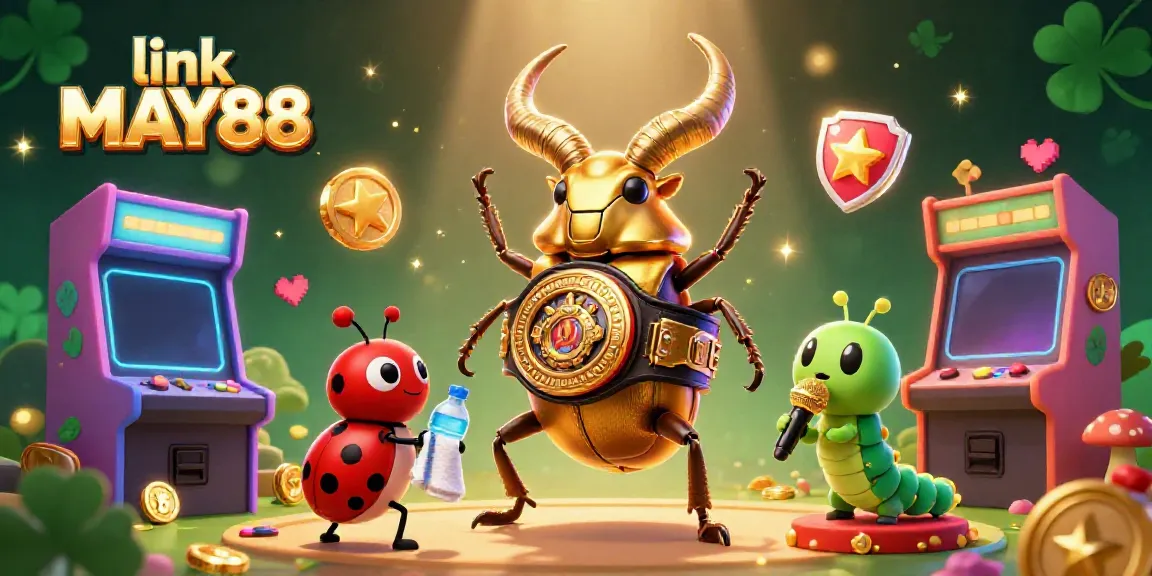 Engage with link MAY88's dynamic gaming scene featuring a giant stag beetle champion and colorful arcade machines.