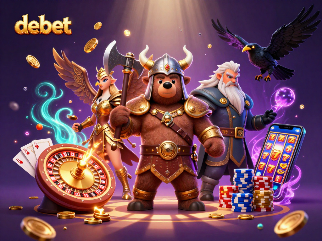Experience thrilling casino action with the debet brand featuring dynamic gaming elements and colorful characters.