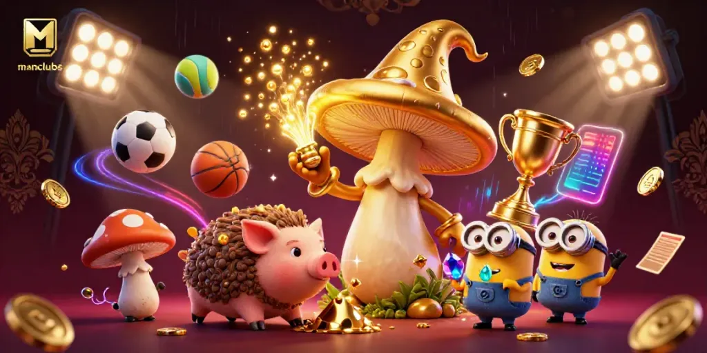 Engaging scene of manclubs with characters channeling magical gold alongside sports elements and dynamic visuals.