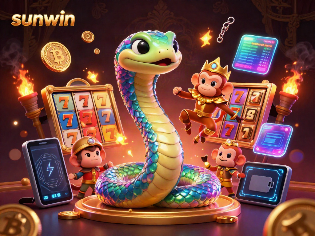 Experience thrilling gameplay at sunwin with a vibrant 3D illustration showcasing a rainbow serpent and monkey king.