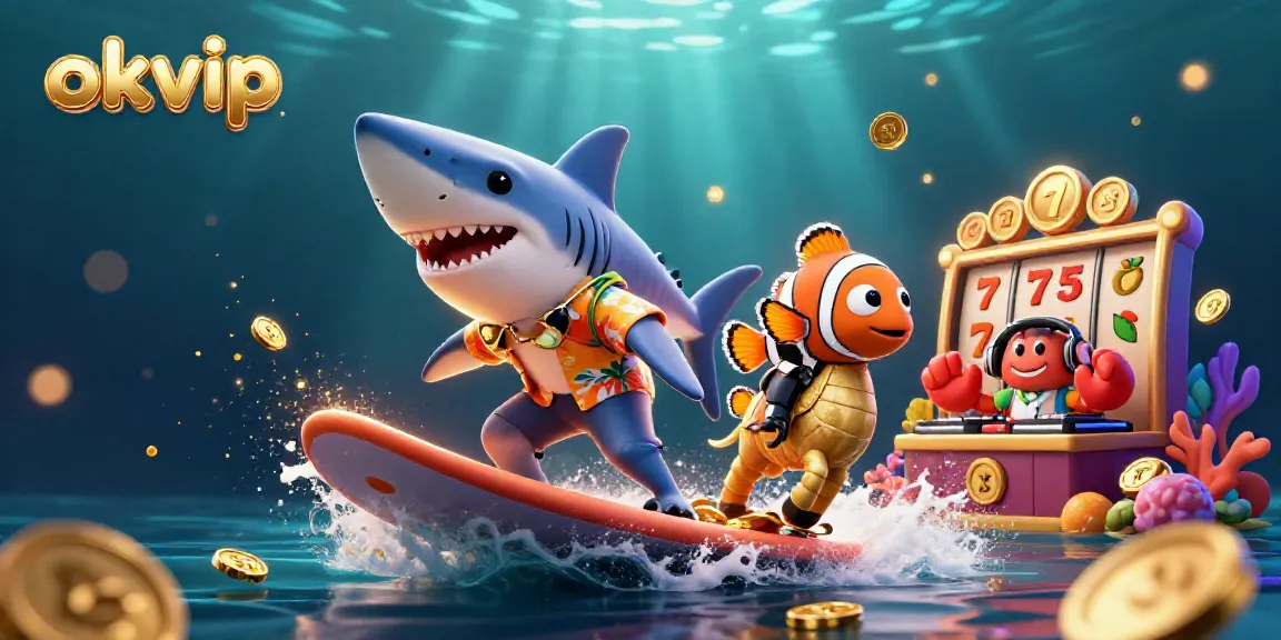 Experience the fun of okvip with a lively casino illustration featuring animated marine characters and slot elements.