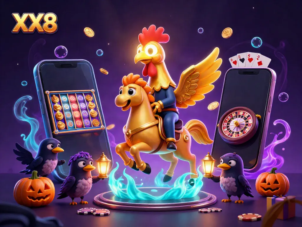 Experience thrilling gameplay with XX8 in a lively casino scene featuring a golden rooster.