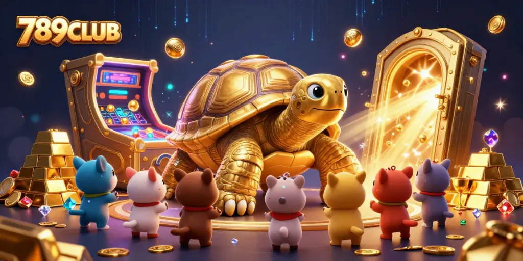 Experience excitement at 789CLUB with a golden tortoise pinball machine surrounded by treasure