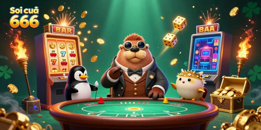 Soi cầu 666 showcases a whimsical underwater poker scene featuring a walrus and friends, immersed in vibrant casino elements.