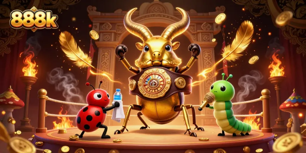 Engage with 888k through vibrant casino illustration showcasing a golden stag beetle champion, ladybug corner-man, and caterpillar announcer.