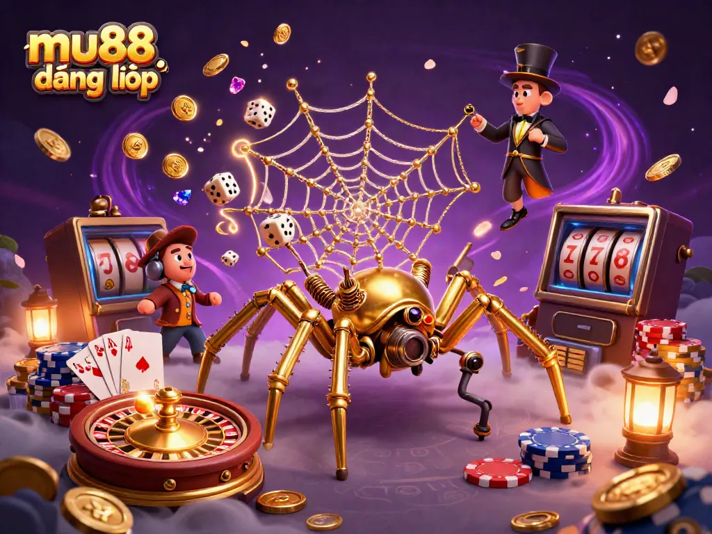 Experience fortune at mu88 đăng nhập as the steampunk spider captures misfortunate dice in a dazzling casino scene.